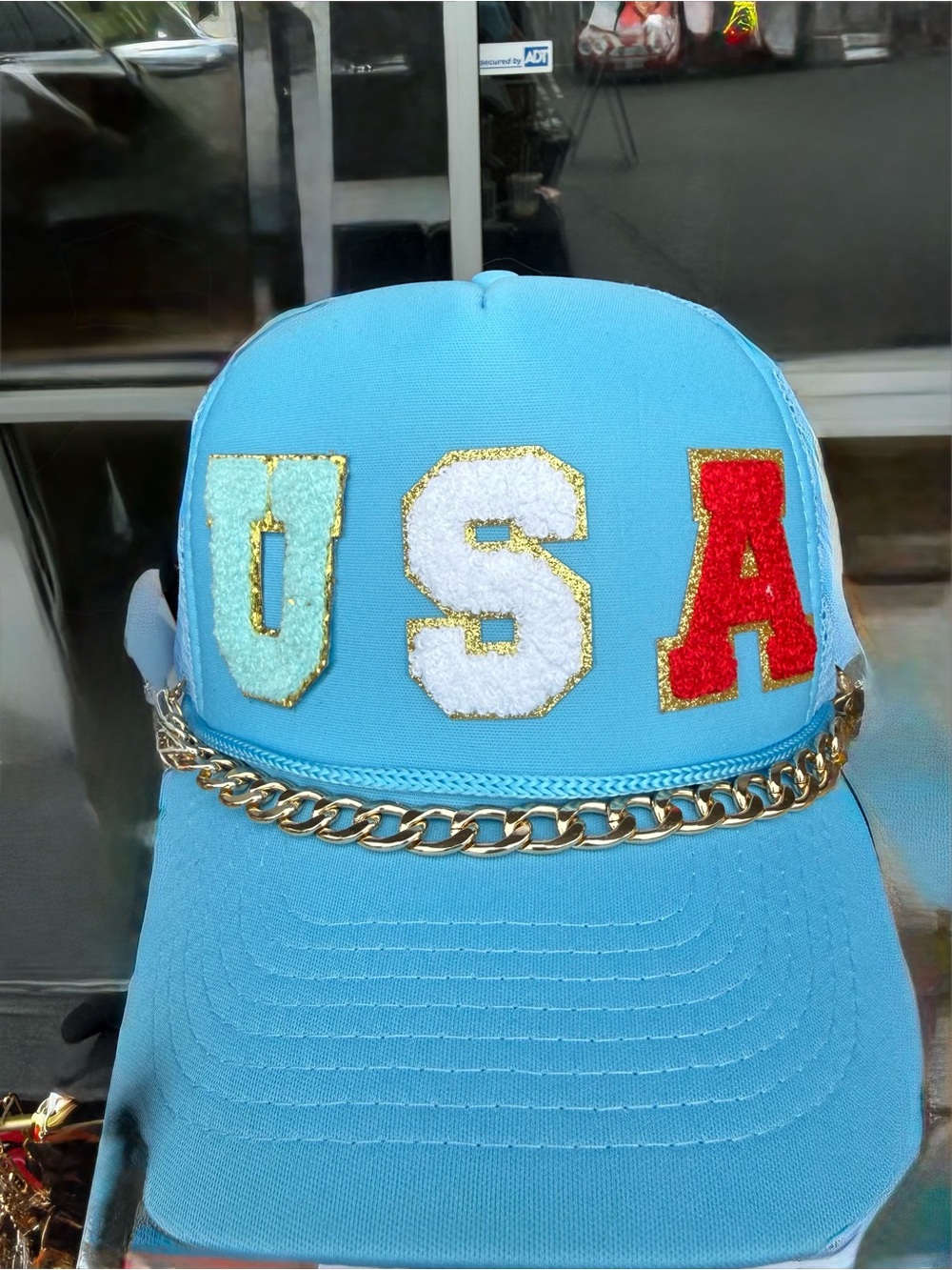 USA Blue Baseball Cap with Gold Chain